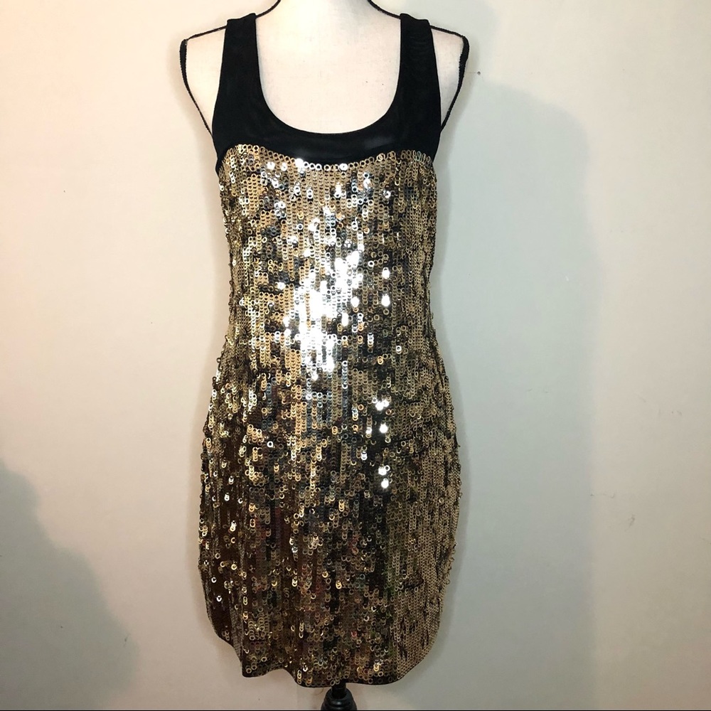 NWT EXPRESS Sequin Sparkly Gold & Black Party Cocktail Dress SZ M
